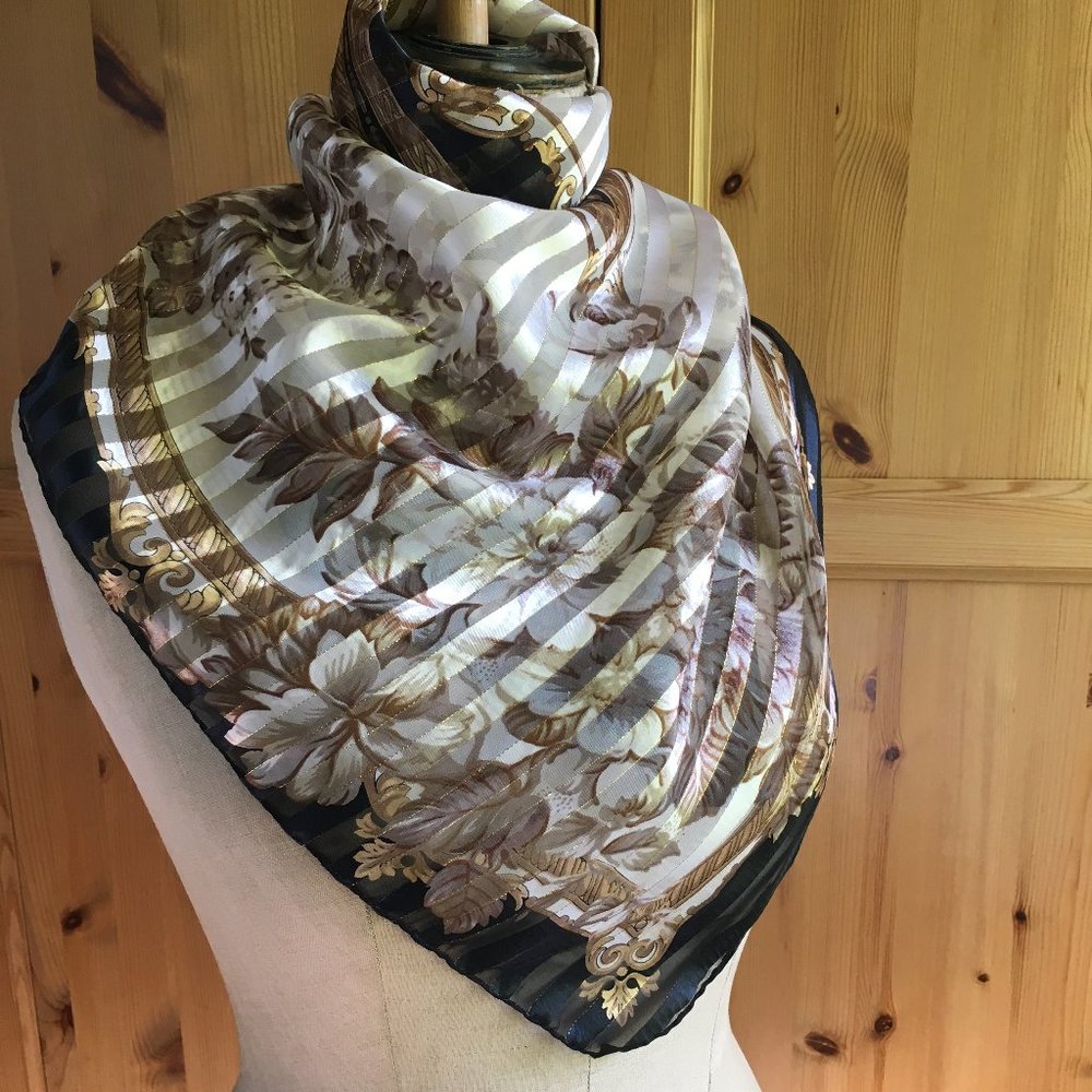 Vintage Silk Scarf Black White Gold Liz Claiborne
